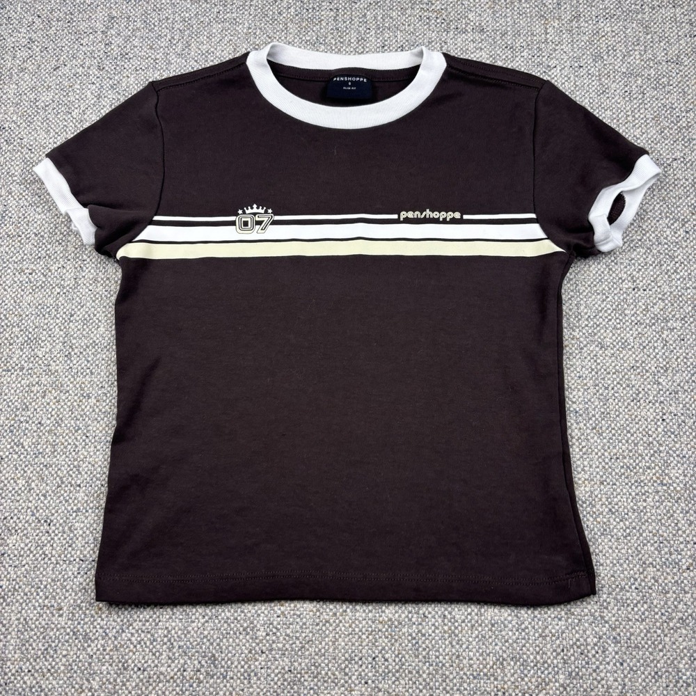 Penshoppe Women's Slim Fit Ringer Graphic T-Shirt Brown Y2K Retro Knit Top Small